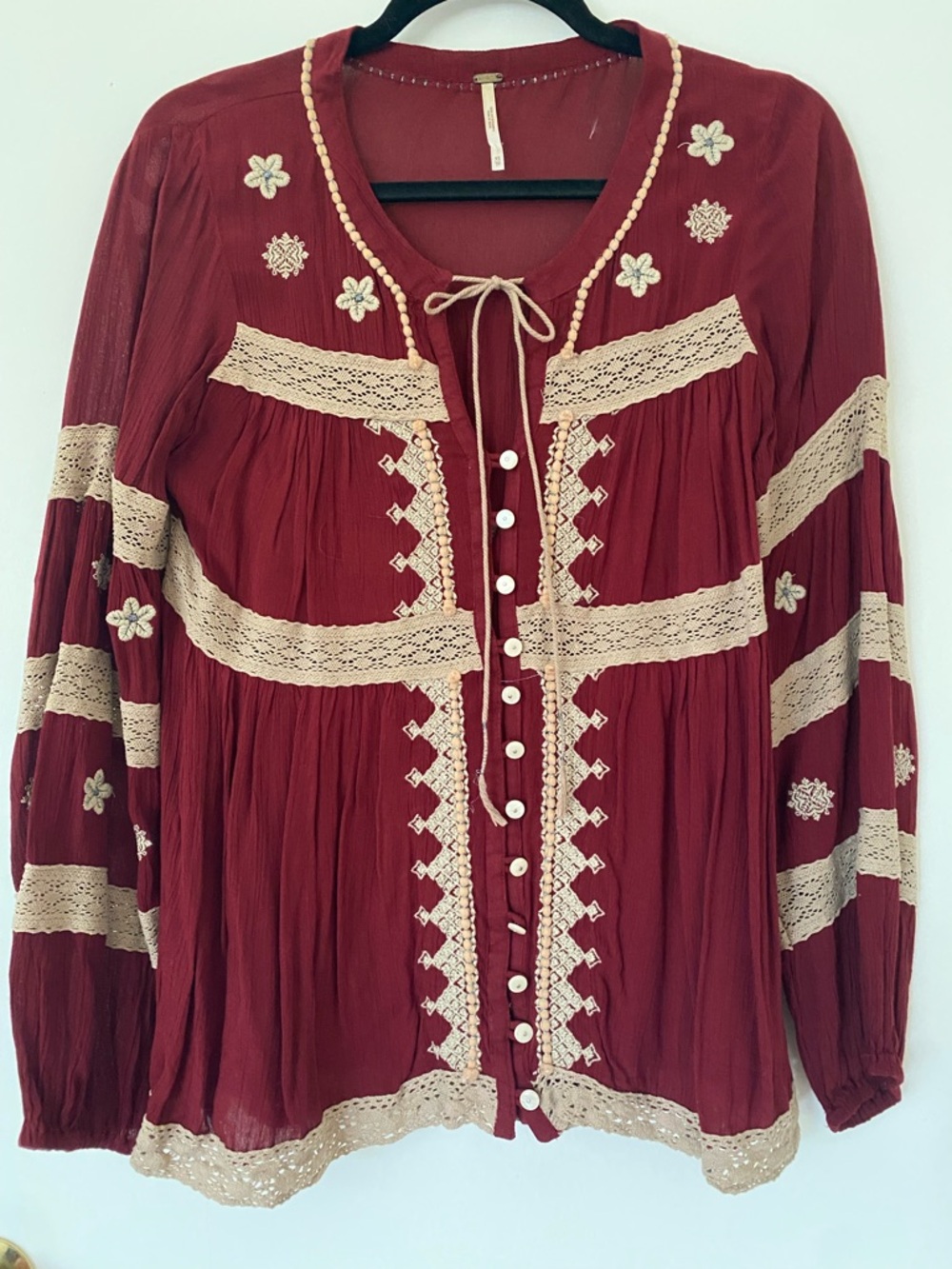 Free People Burgundy Boho Embroidered Lace-Trim Peasant Blouse